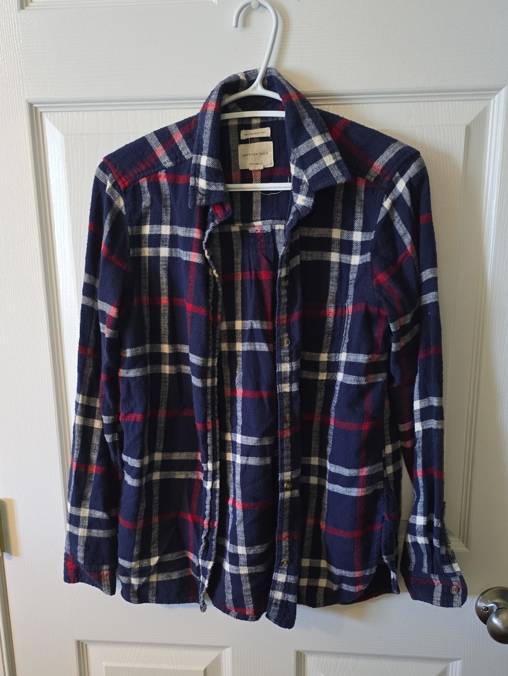 American Eagle Navy Plaid Flannel with Red & White Accents